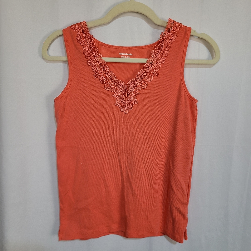 VTG Bobbie Brooks Ribbed Tank Small Orange Lace Trim Cottagecore Summer